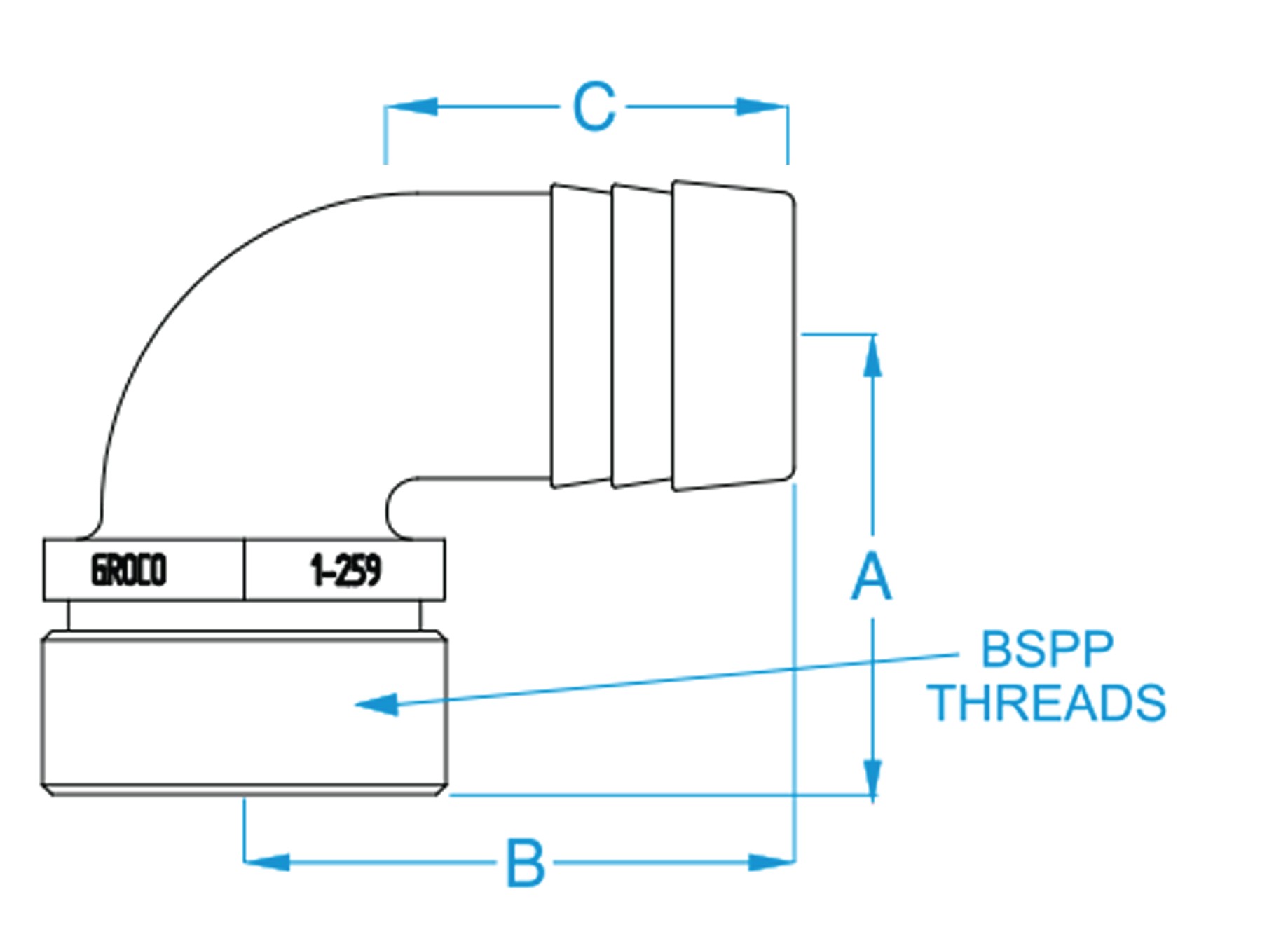 PTHC3PD75 G 3" 90 degree BSPP Bronze Hose Barb GROCO