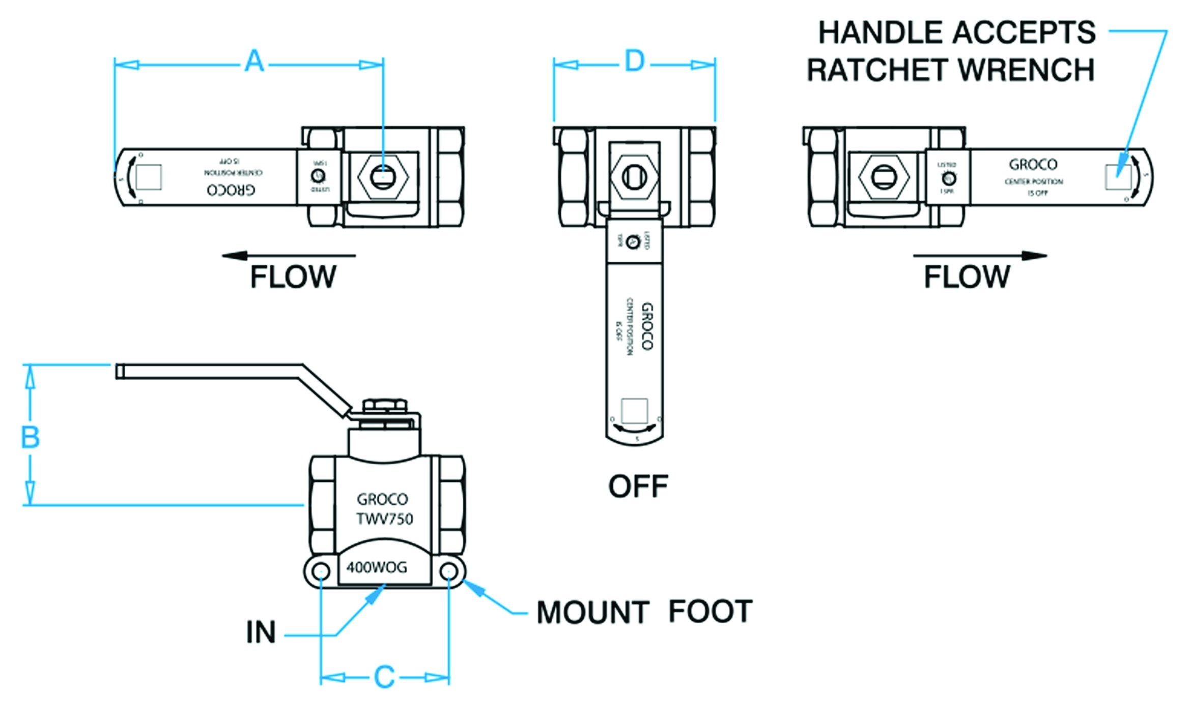 Groco NPT 3-Way Valve Ports 1//2 in Gross Mechanical Labs